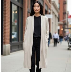 Eileen Fisher Silk Organic Cotton Blend Open Front Long Cardigan Ivory Petite M